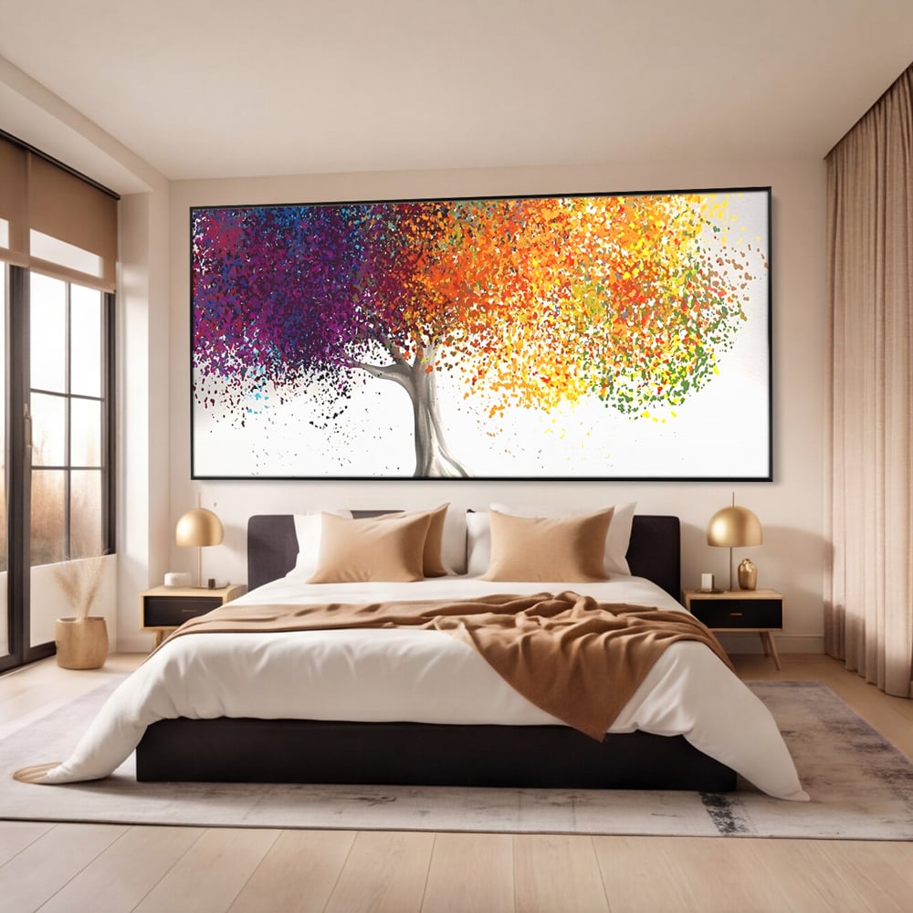 Tablou canvas cu tablou canvas cu un copac colorat, in rama de aluminiu negru, pe perete intr-un dormitor